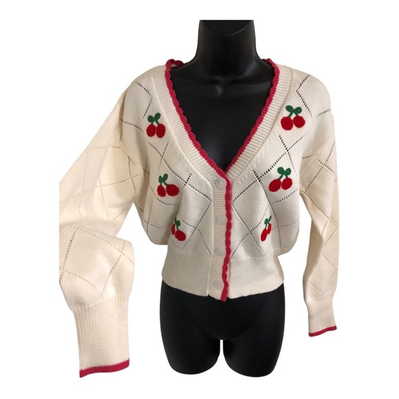 Jessica Simpson cream pink scallop trim cherry embroidery diamond print cardigan - Picture 1 of 17
